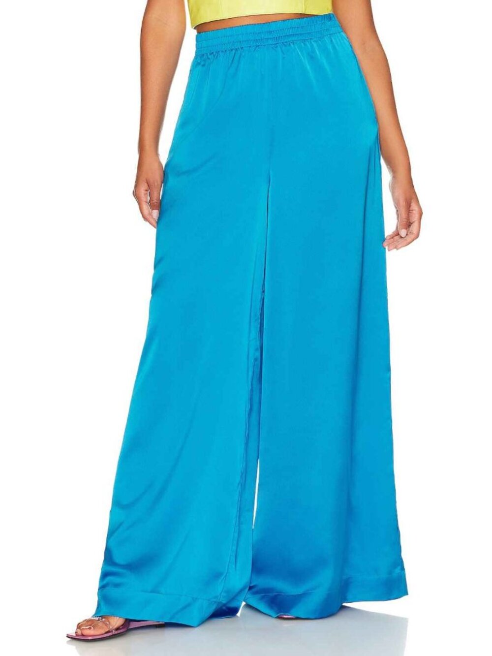 Show Me Your Mumu Blue Irwin Satin Wide Leg Pull On Pants Small 57021